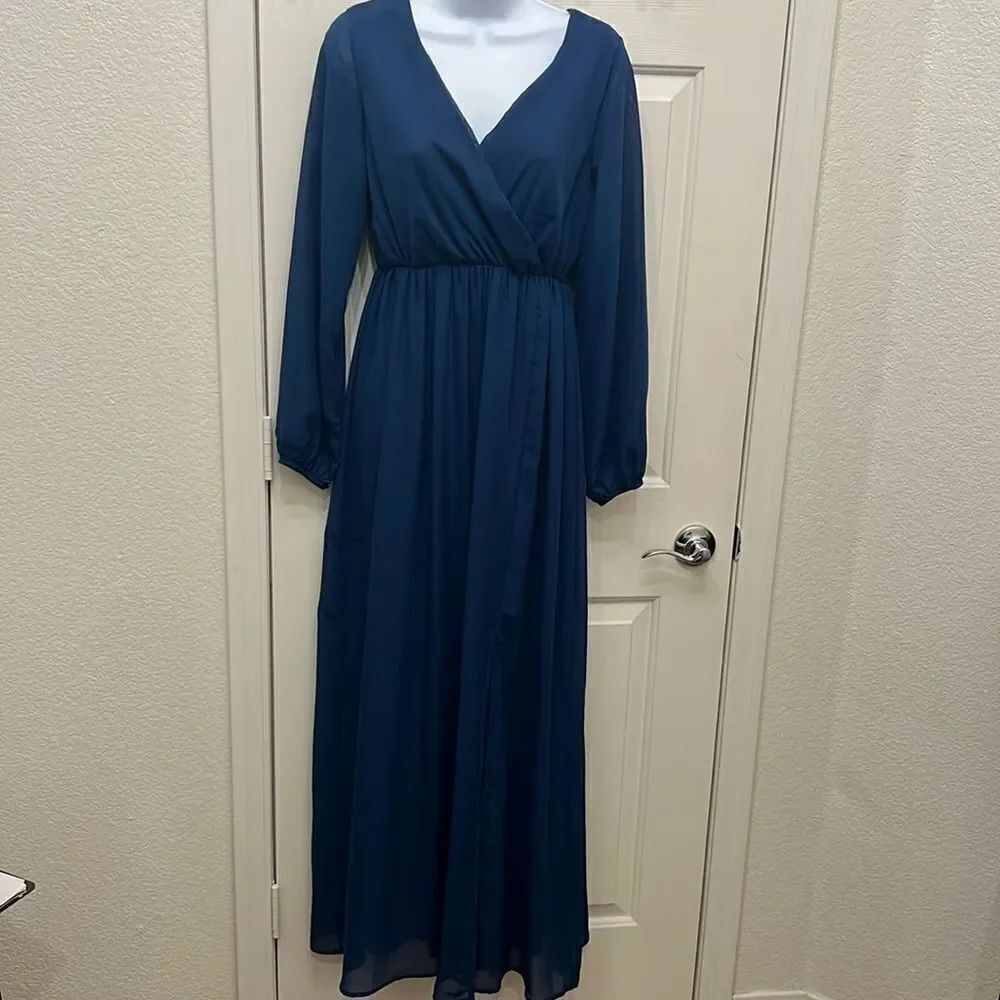 PinkBlush Maternity Dress long sleeve chiffon maxi navy blue VNeck slit front